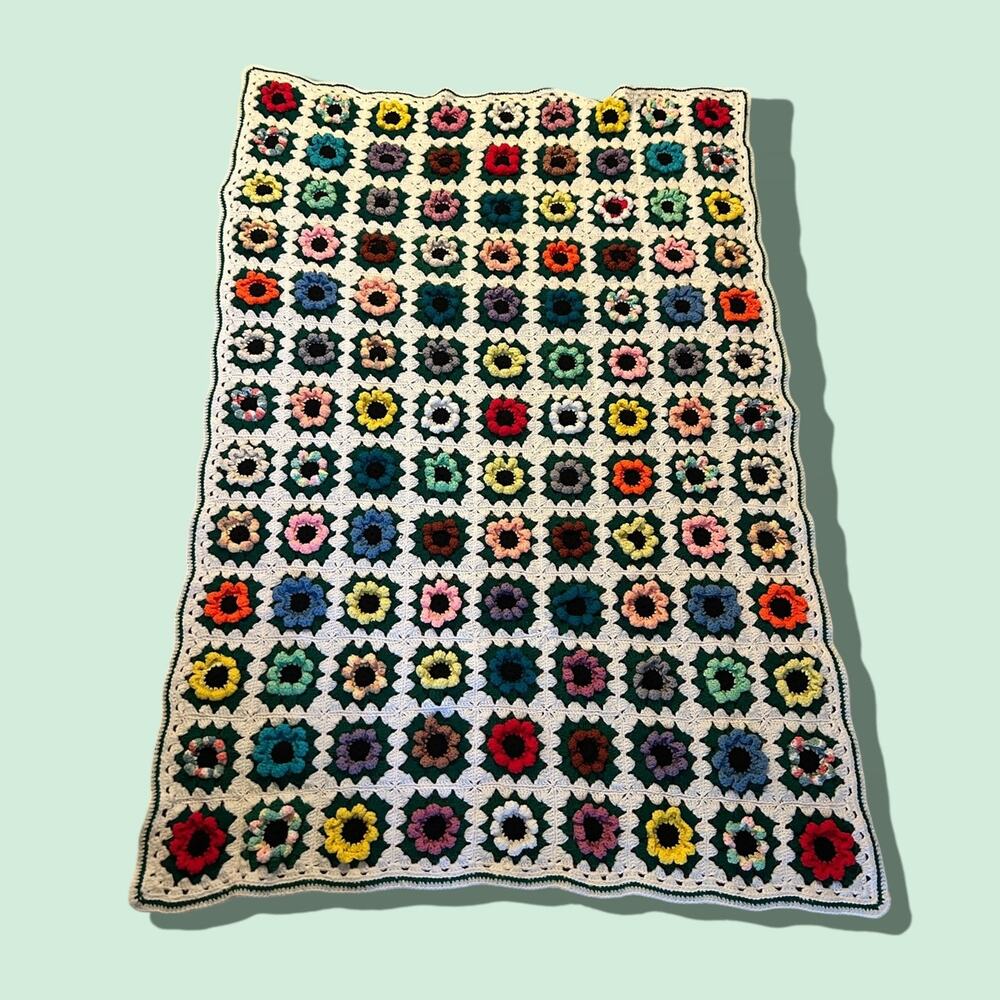 Boho Crochet Throw Blanket Vintage Granny Square Afghan Cottagecore multicolor - Picture 2 of 8